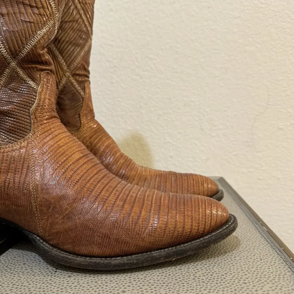 Tony Lama Vintage Gold Label Teju Lizard Patchwork Cowboy Boots Size Mens 10
